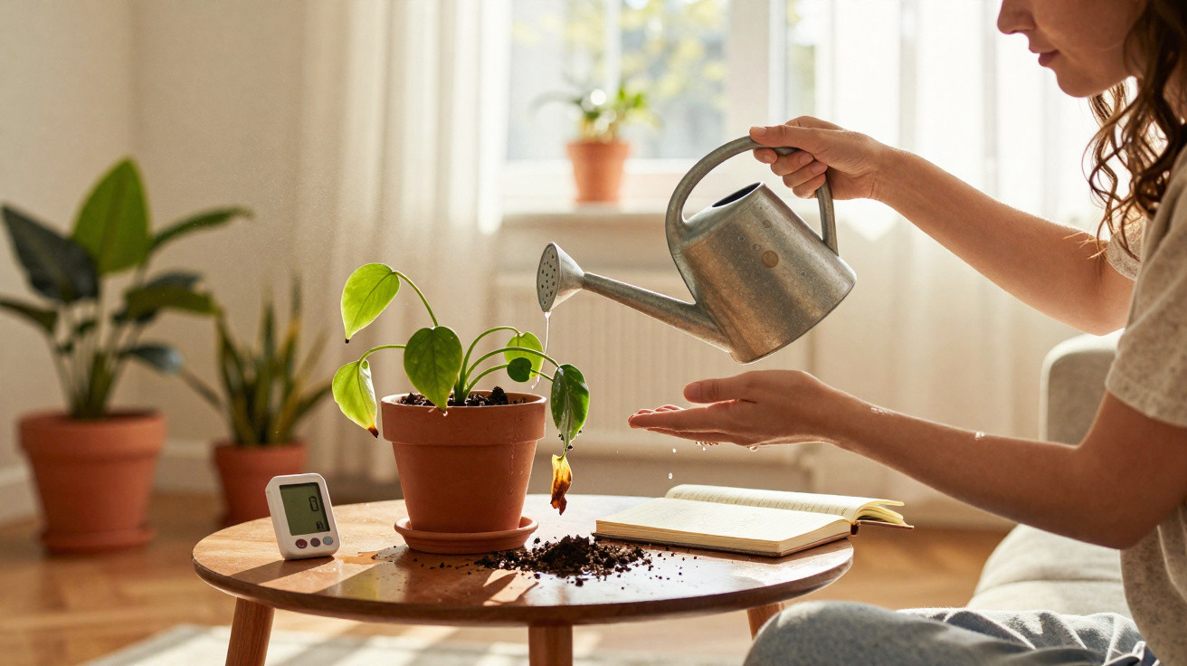 Pessoa regando planta em vaso sobre mesa de madeira com livro aberto e temporizador digital.