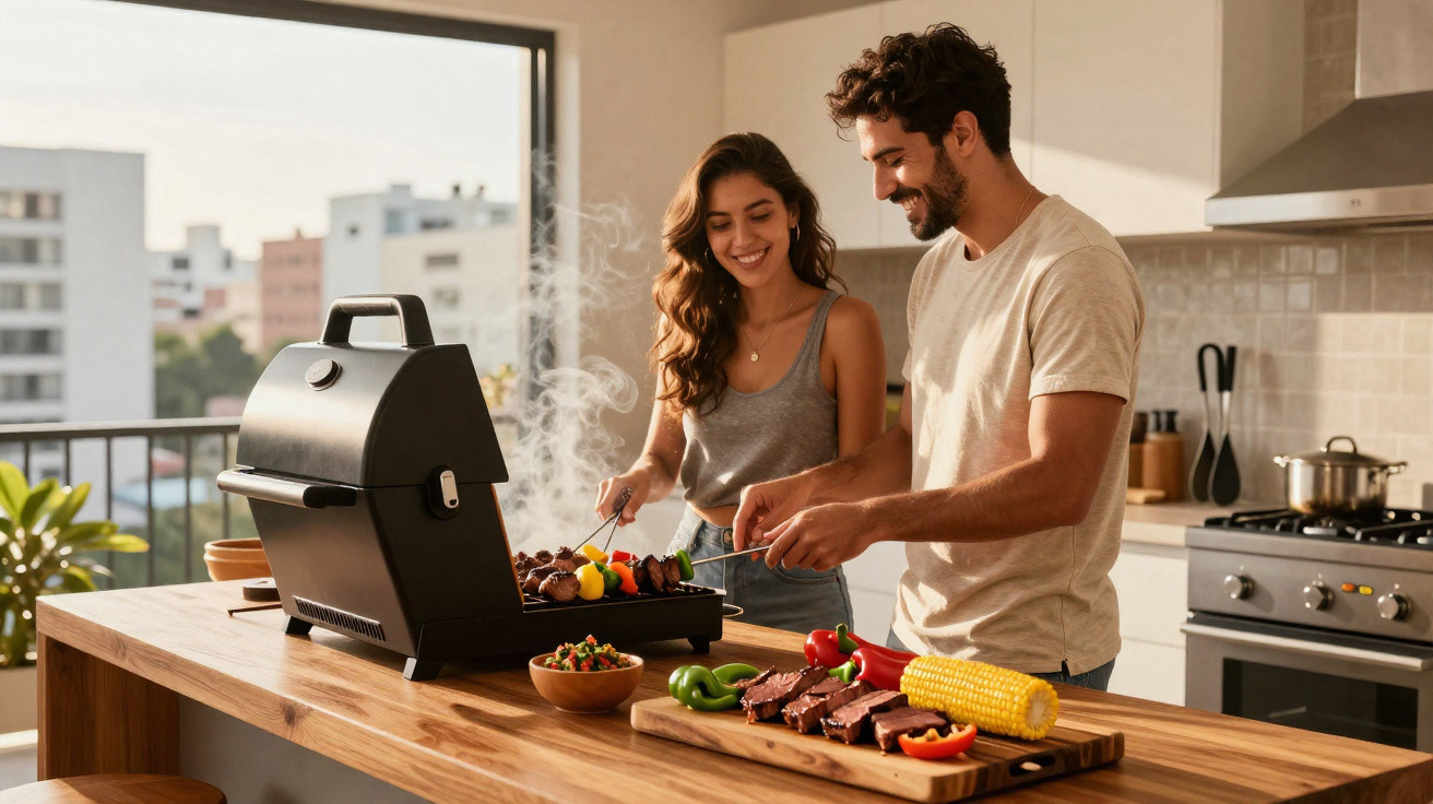 Casal preparando churrasco com legumes e carnes em bancada de cozinha moderna com churrasqueira portátil.