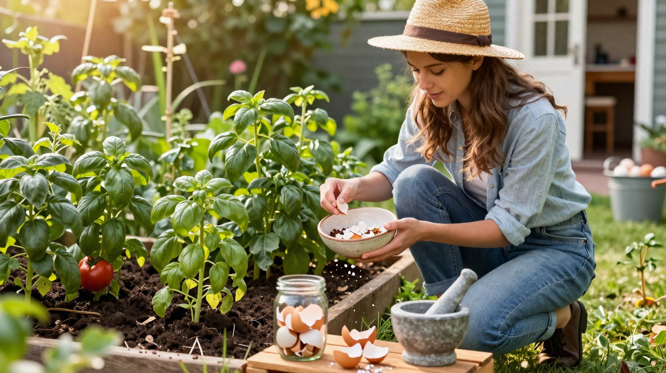 Mulher com chapéu cuidando de plantas em horta, usando casca de ovo como adubo natural no jardim.