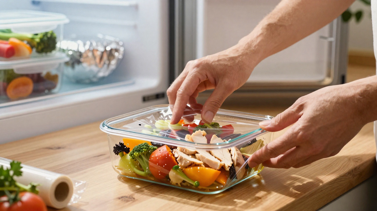 Mãos fechando pote de vidro com salada colorida e pedaços de frango sobre bancada de madeira.