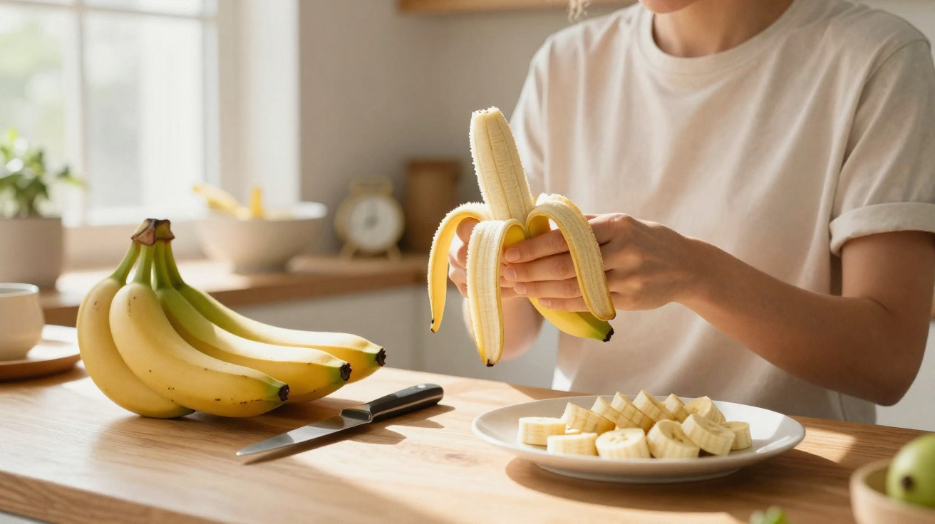 Pessoa descascando banana em uma cozinha com bananas e pratos na mesa de madeira.
