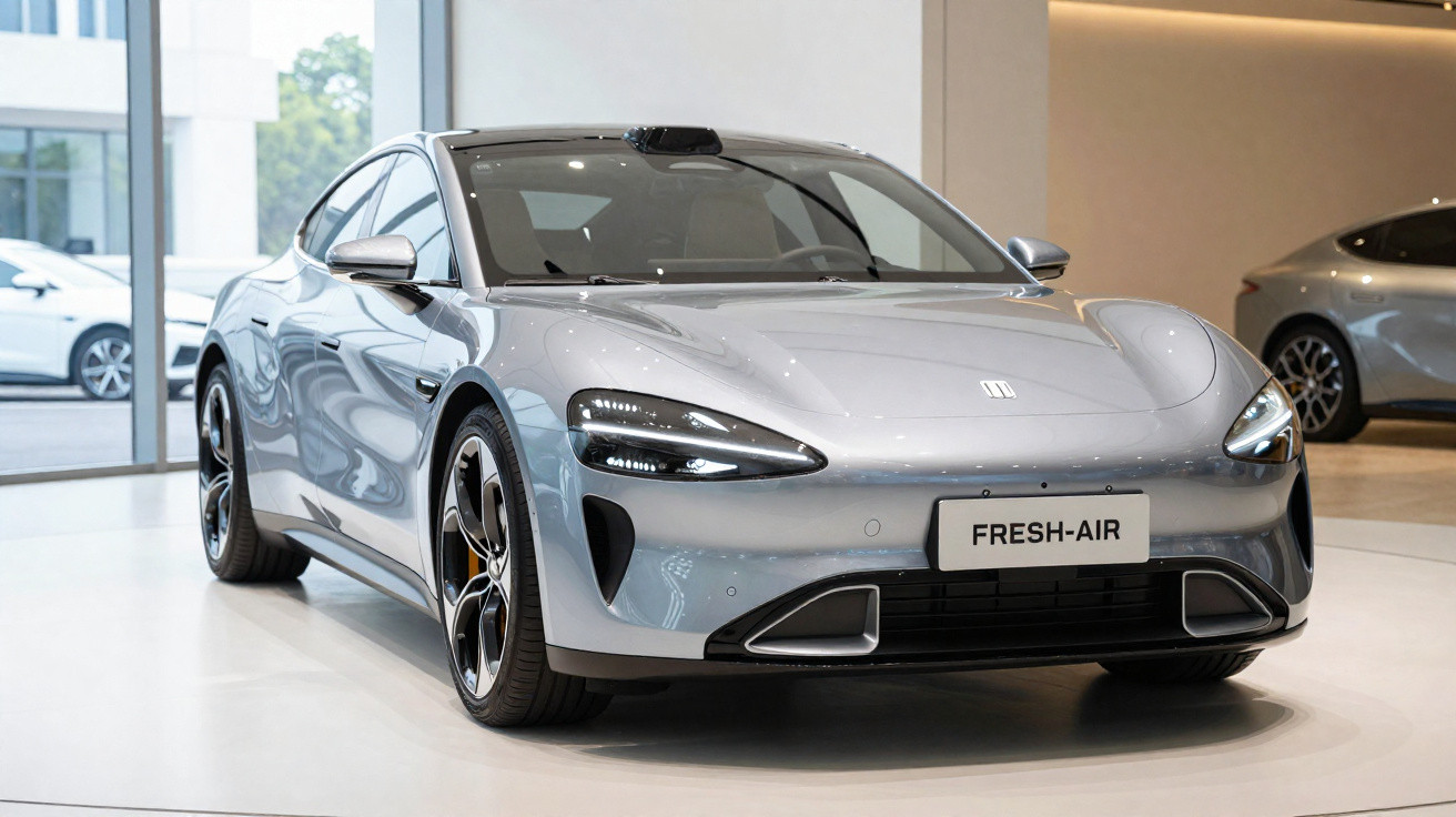 Carro elétrico cinza prateado em exposição interna, modelo Fresh-Air com design moderno e aerodinâmico.