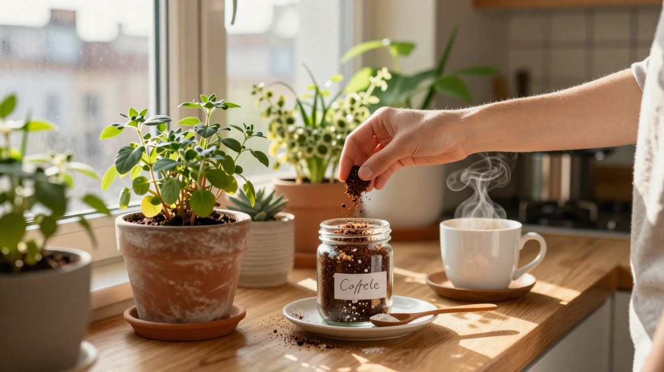 Pessoa adiciona café moído em pote na cozinha com plantas e xícara de café fumegante ao fundo.