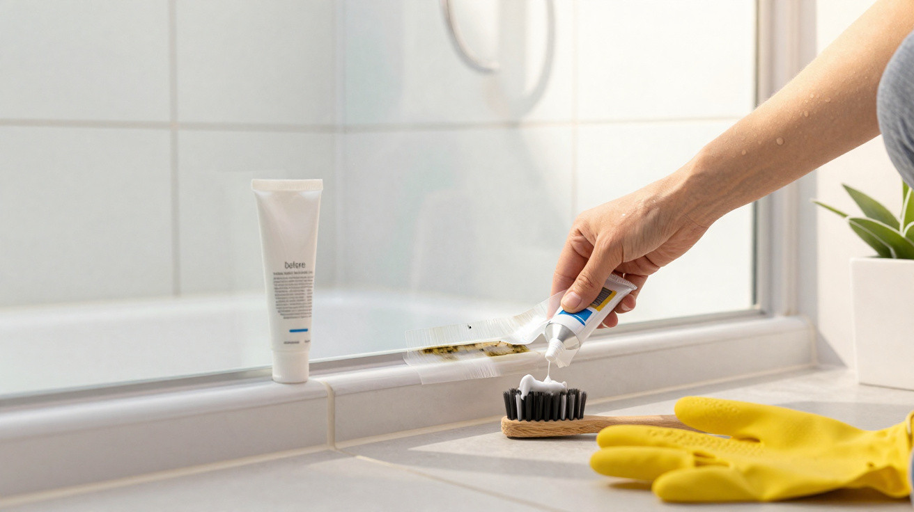 Pessoa usando luvas amarelas aplicando creme em escova de limpeza na pia de banheiro branca.