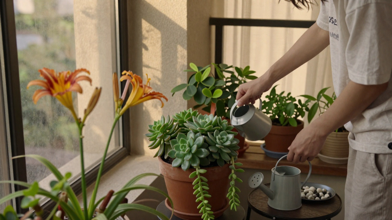 Pessoa regando suculentas e plantas em vasos numa varanda iluminada pela luz do dia.