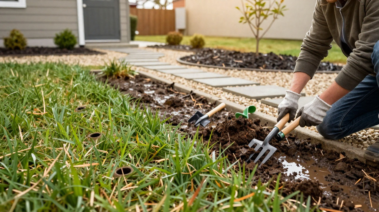 Pessoa cuidando do jardim com ferramentas de jardinagem, plantando mudas em solo úmido próximo a gramado.