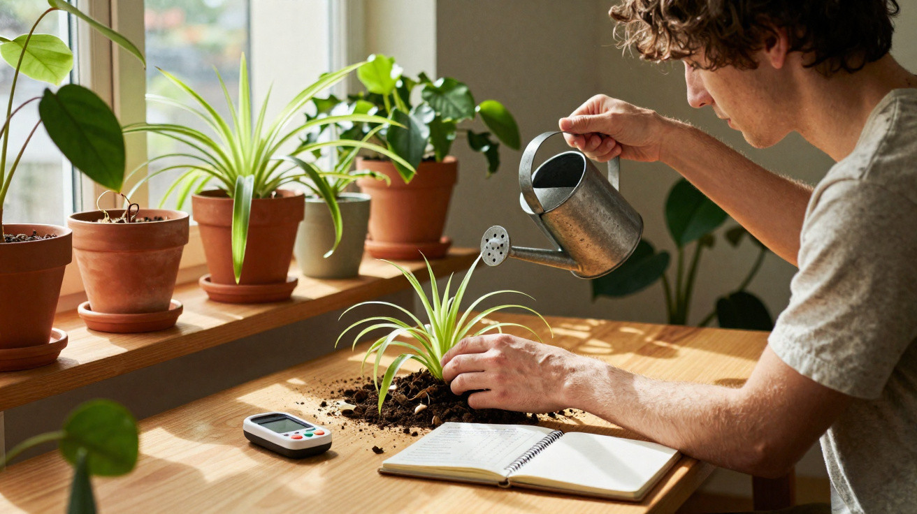 Pessoa regando planta em vaso sobre mesa com caderno, medidor e outras plantas ao lado da janela.