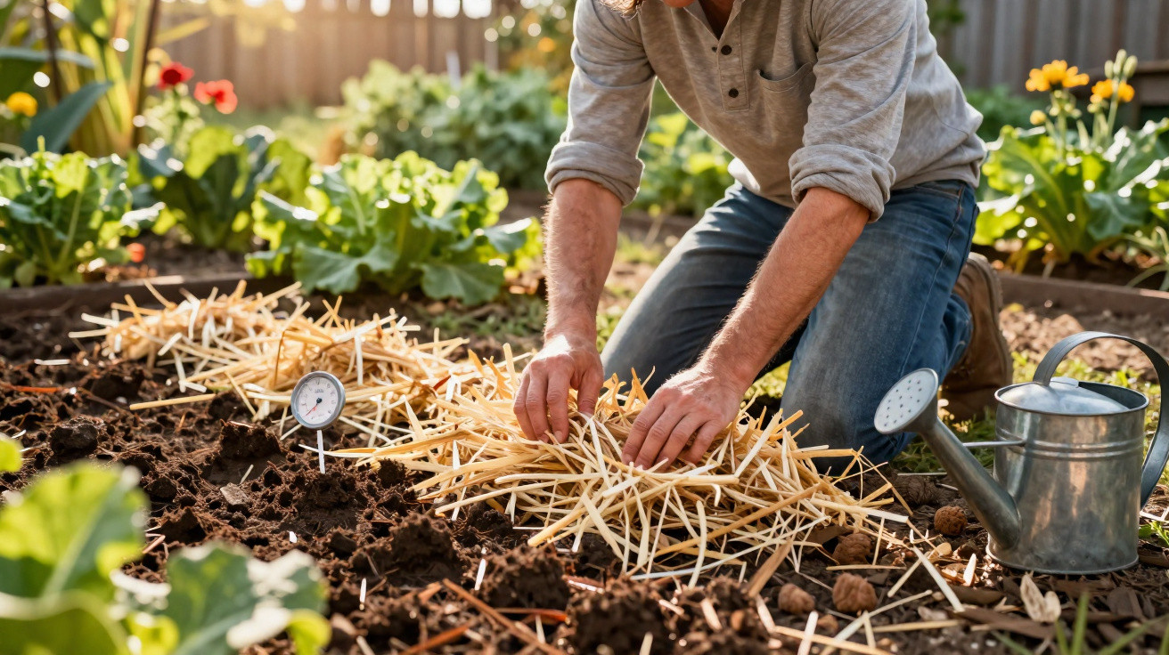 Pessoa cuidando do solo de horta, cobrindo com palha para proteger e conservar a umidade, regador ao lado.