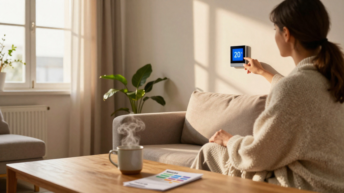 Mulher ajusta termostato digital em sala com sofá, planta e mesa de madeira com caneca quente.