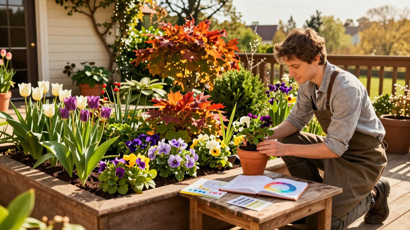Jovem cuidando de flores em jardim elevado com livro de cores e amostras ao lado em varanda ensolarada.