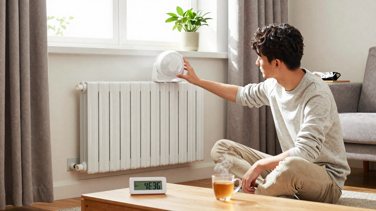 Homem ajusta ventilador pequeno sobre radiador em sala iluminada, com relógio digital e chá na mesa.