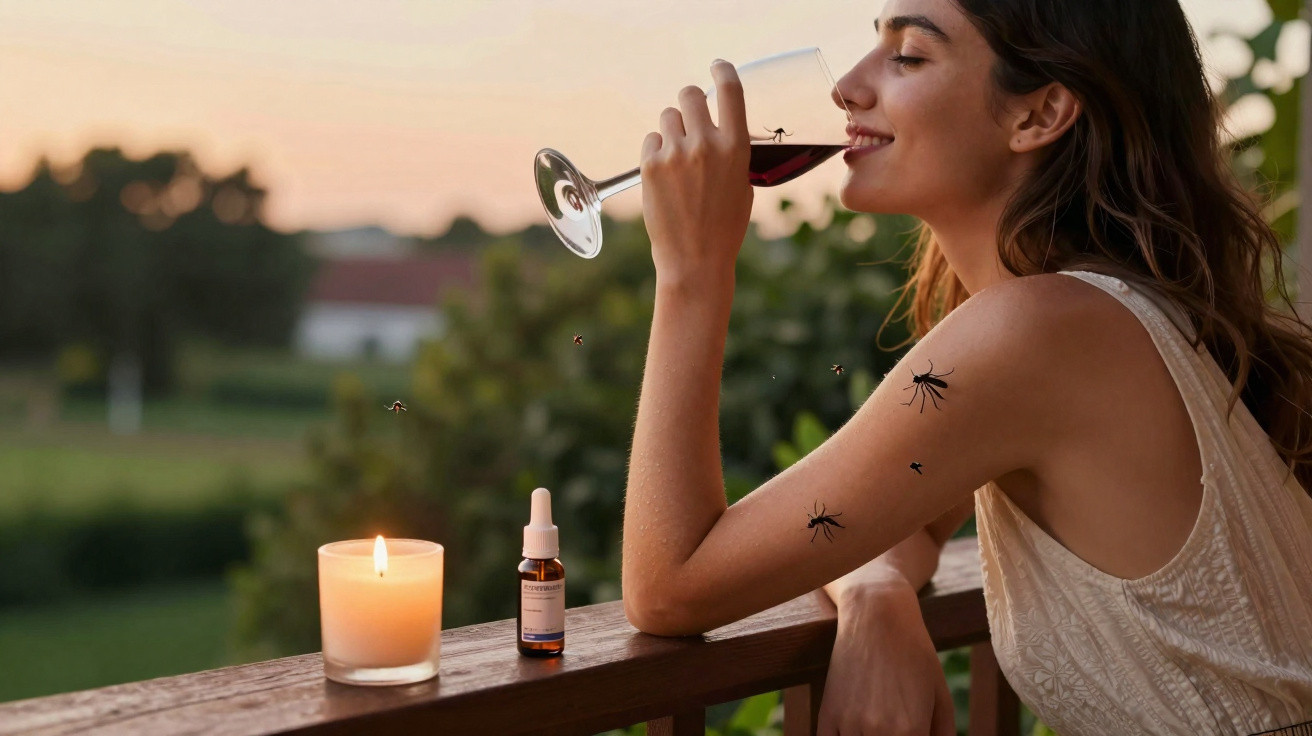 Mulher sentada na varanda bebendo vinho ao pôr do sol, com velas acesas e macacos pousados no braço.