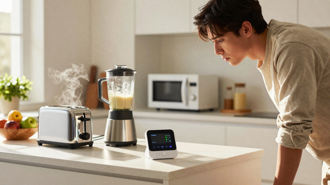 Homem observa dispositivo eletrônico em cozinha com liquidificador, torradeira e frutas.