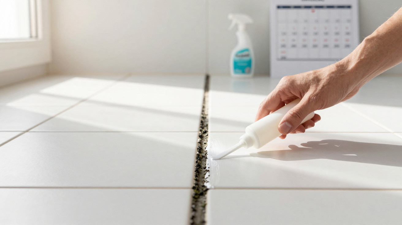 Mão aplicando selante branco em rejunte escurecido entre azulejos brancos com spray de limpeza ao fundo.