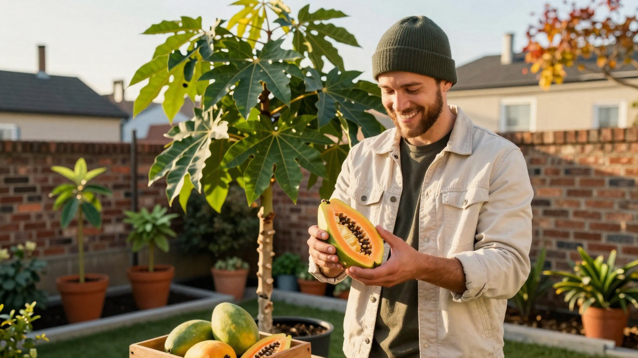 Homem sorridente segura mamão cortado no jardim com árvores frutíferas e plantas em vasos ao fundo.