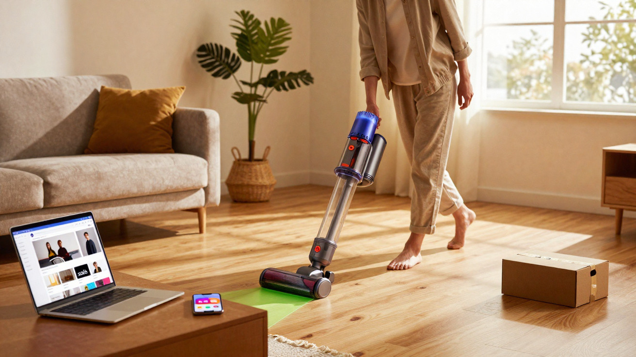 Pessoa usando aspirador sem fio para limpar chão de sala com sofá, planta, laptop e caixa de papelão.