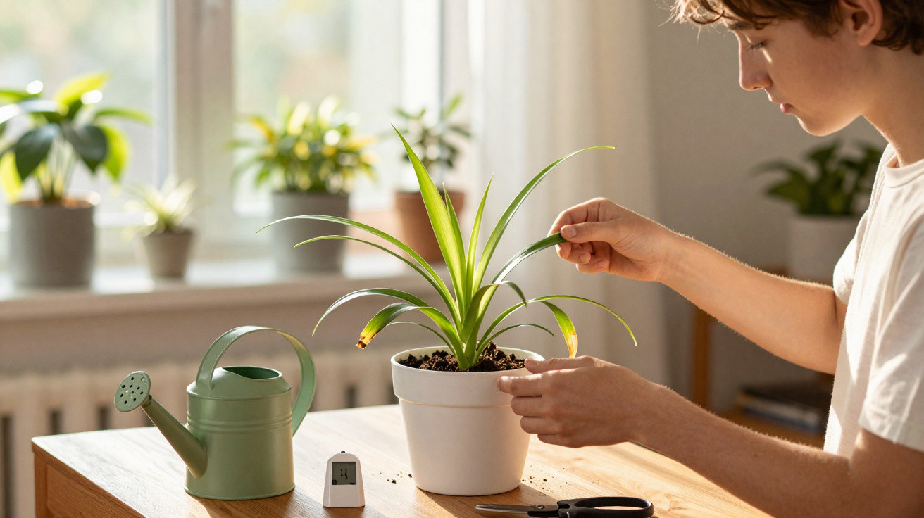 Pessoa cuidando de planta em vaso branco sobre mesa de madeira com regador verde.