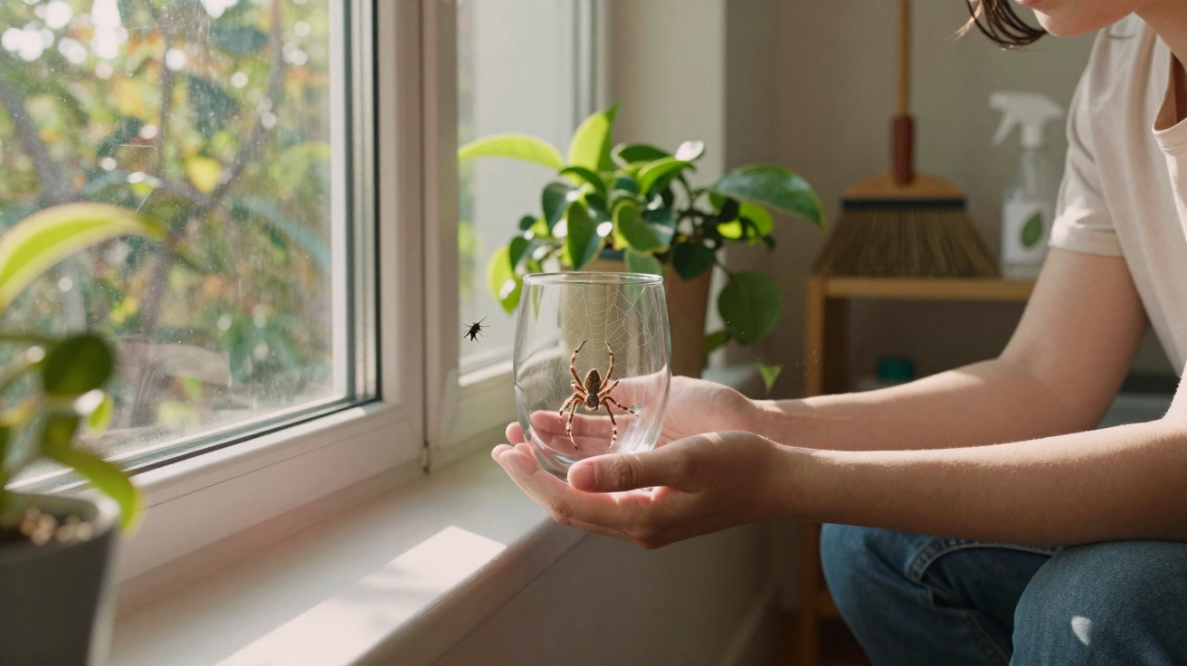 Mãos segurando um copo de vidro para capturar uma aranha, ao lado de janela com plantas ao fundo.