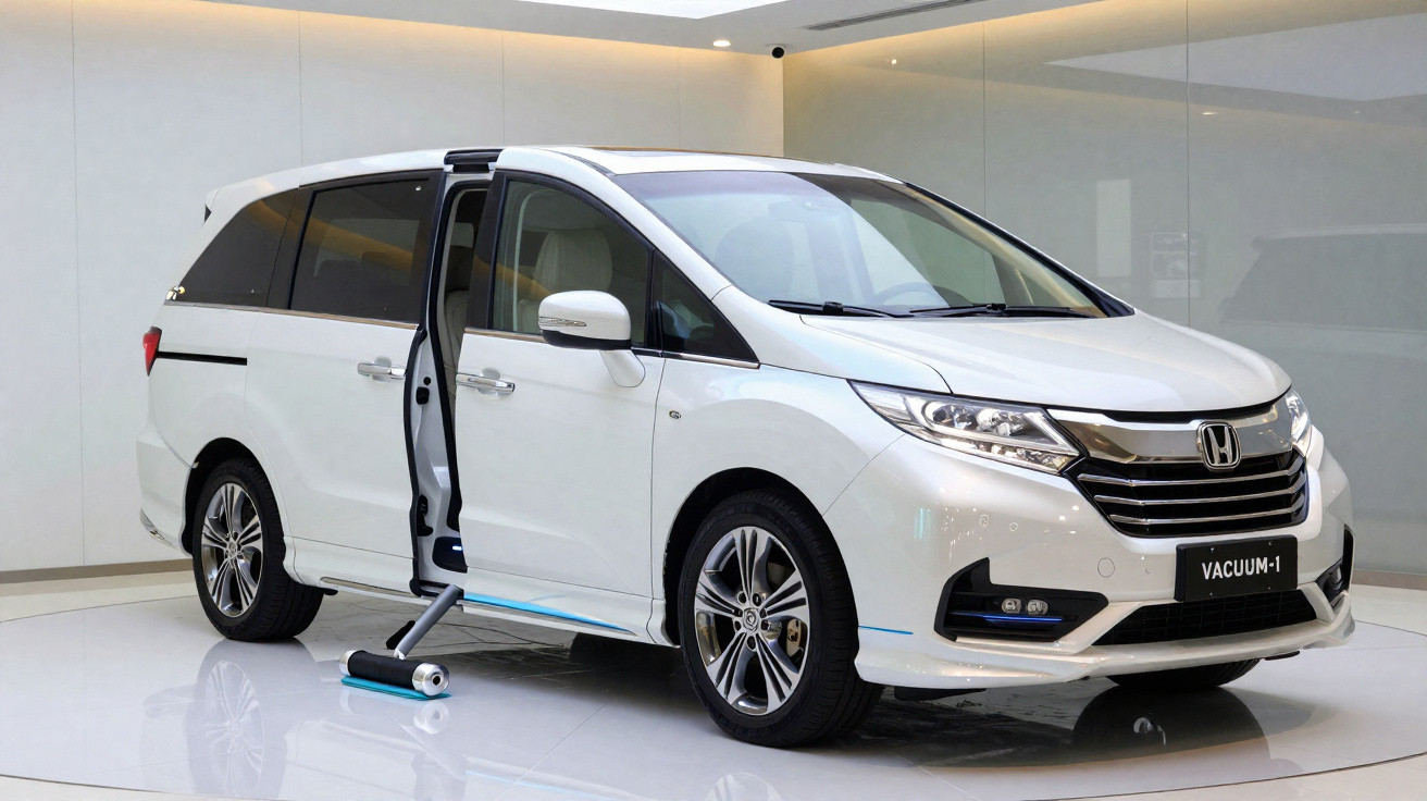 Minivan branca Honda com porta lateral aberta e aspirador de pó removendo sujeira do chão branco.