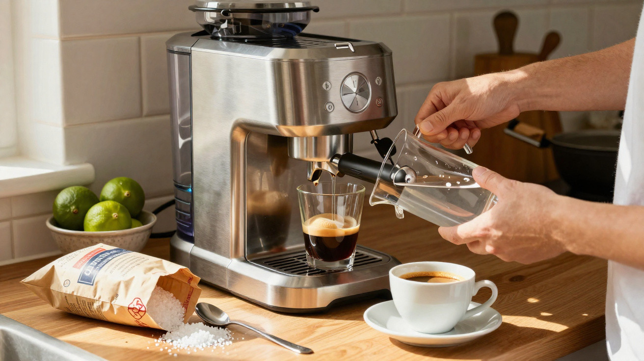 Pessoa preparando café expresso com máquina na cozinha, ao lado de xícara e saco de açúcar.