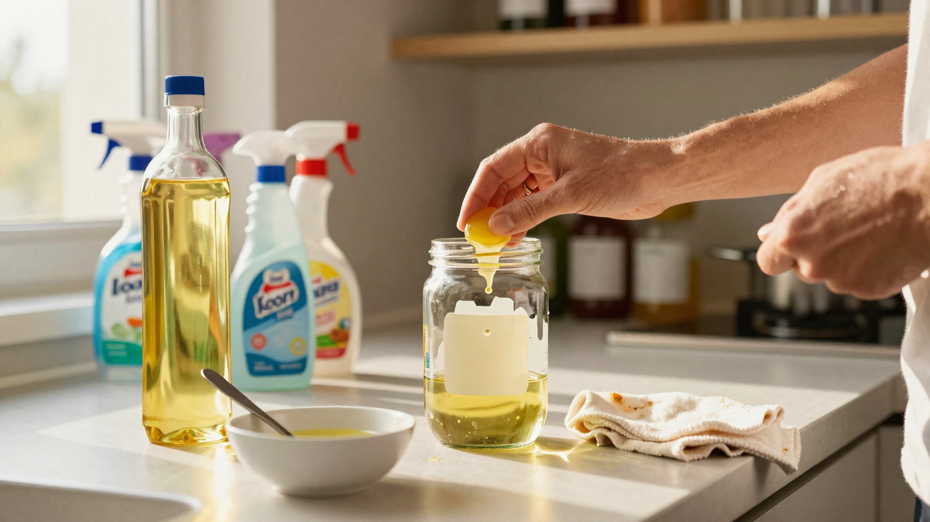 Mãos espremendo meio limão dentro de um pote com líquido amarelo na cozinha, com spray de limpeza ao fundo.