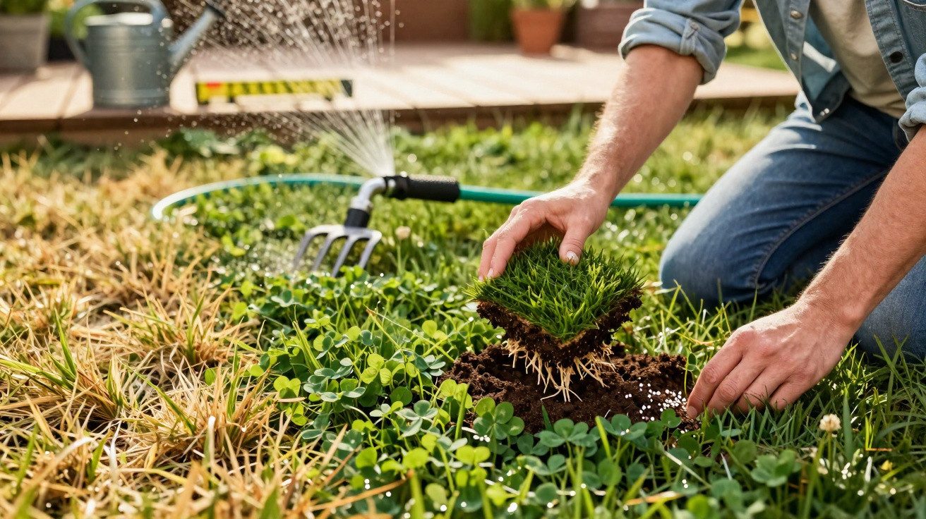 Pessoa plantando grama em jardim com regador automático ao fundo e ferramenta de jardim na grama.