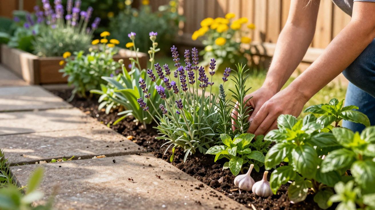 Pessoa cuidando de um jardim com plantas e flores, incluindo lavanda, manjericão e alho.