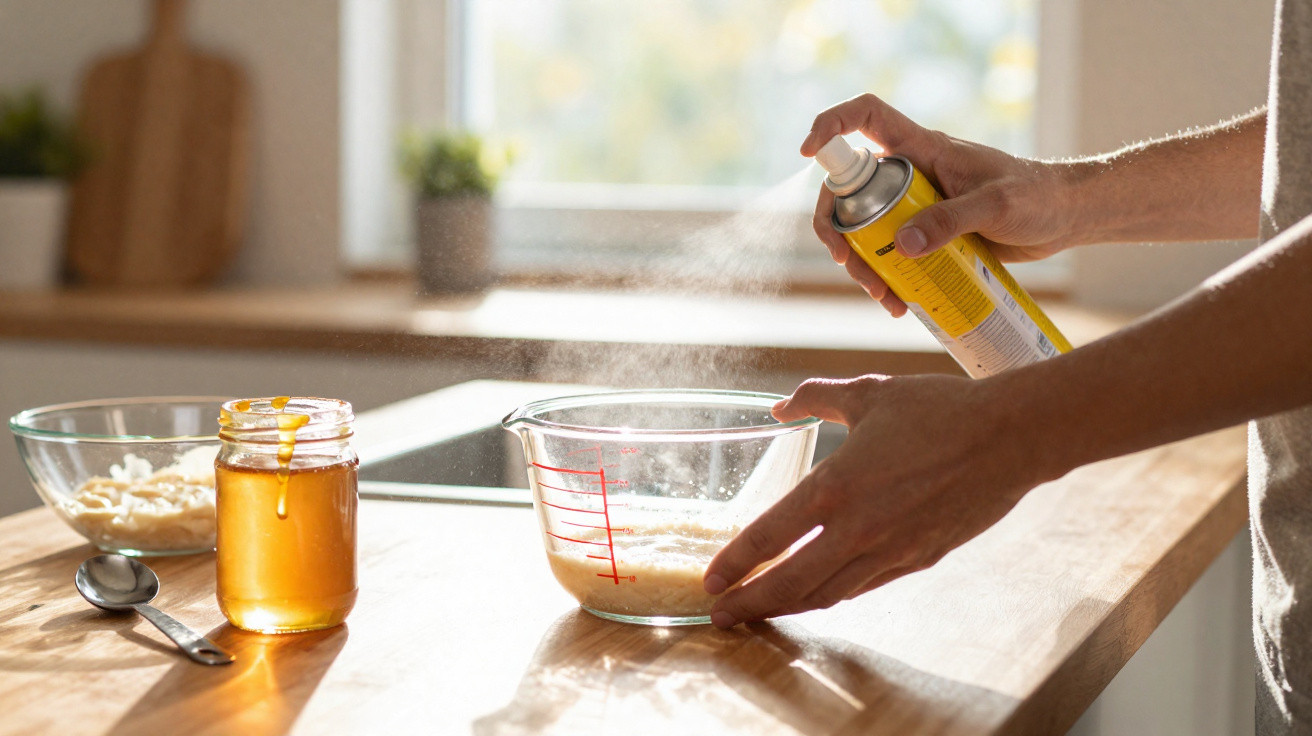 Pessoa borrifando spray antiaderente em recipiente com mistura para cozinhar na cozinha iluminada.