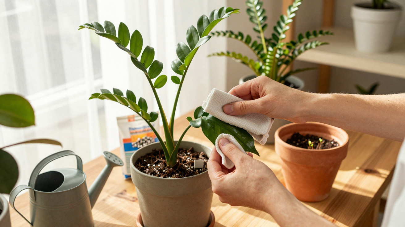 Pessoa limpando folhas de planta em vaso em mesa de madeira com regador e outras plantas ao fundo.