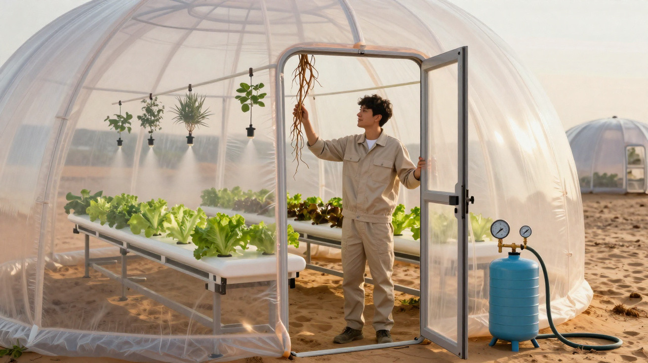 Jovem em estufa transparente segura planta cultivada em ambiente controlado com vegetais ao redor.