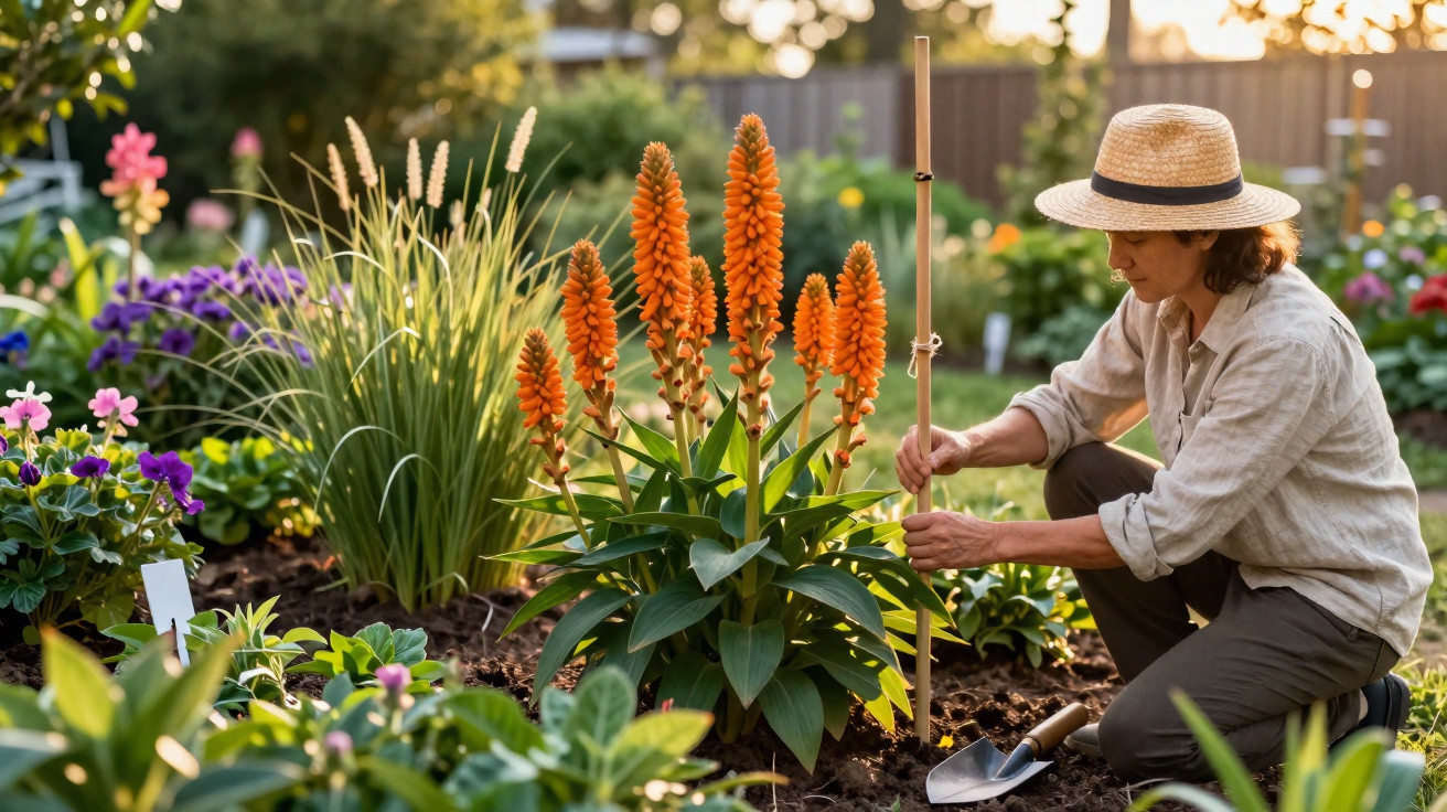 Pessoa com chapéu ajeitando planta com flores laranja em jardim florido ao entardecer.