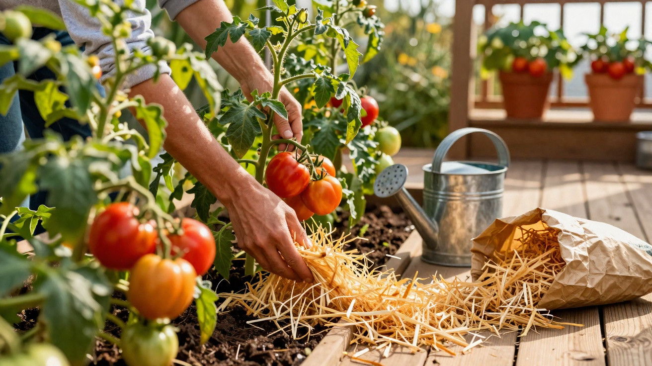 Pessoa colhendo tomates vermelhos maduros em estufa com regador e palha ao lado.
