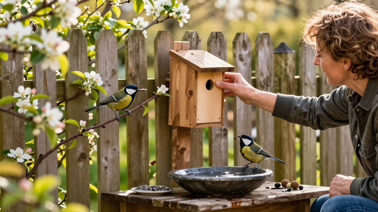 Pessoa instalando uma casinha de passarinho em cercado de madeira com aves e flores ao redor.