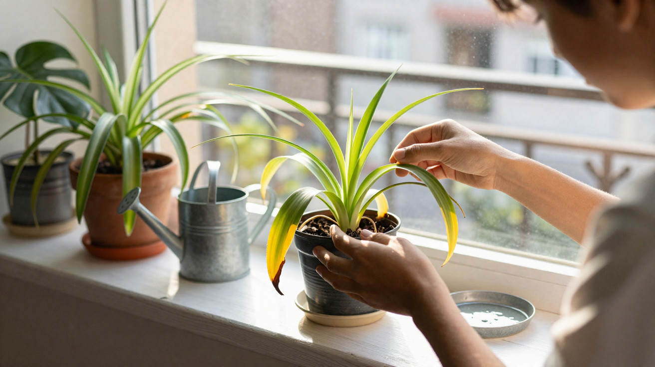 Pessoa cuidando de planta com folhas amareladas em vaso na janela com regador e outras plantas ao fundo.
