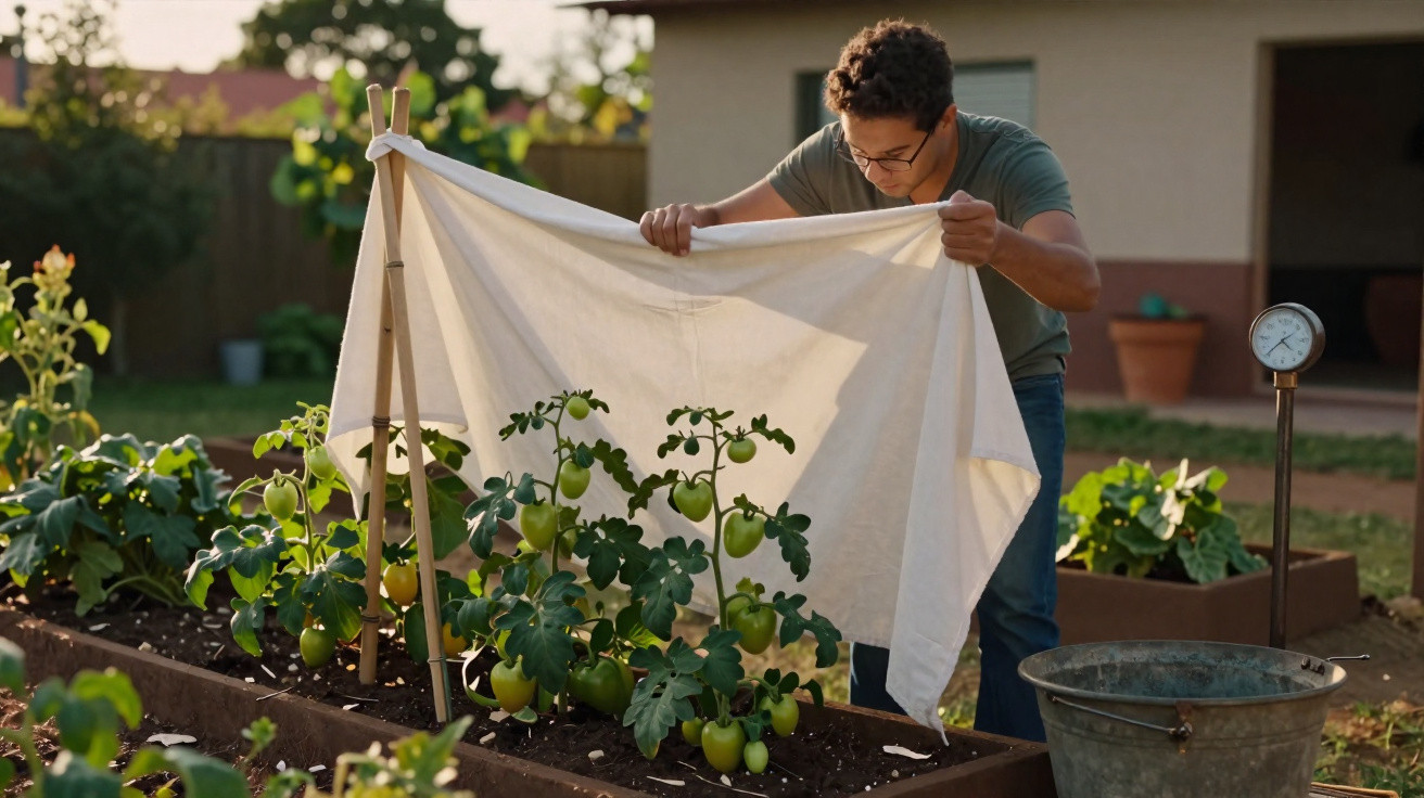 Jovem cobre plantações de tomate com tecido branco em horta caseira ensolarada.