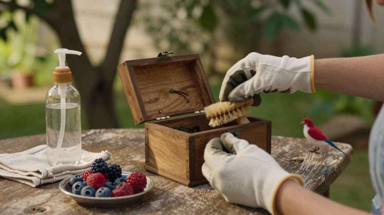 Pessoa com luvas limpando caixa de madeira ao ar livre em mesa com fruteira, pano e frascos.
