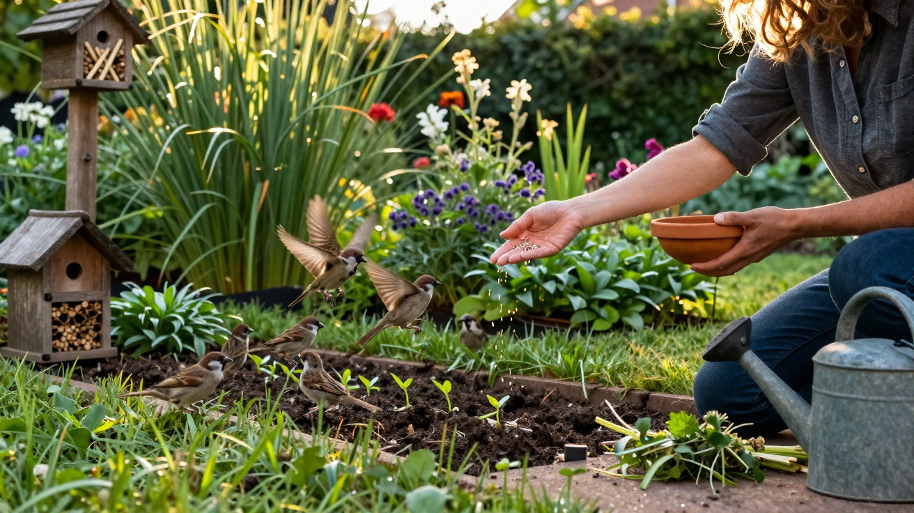 Pessoa alimenta passarinhos com sementes em jardim florido durante o dia, com regador e casinha de madeira próxima.