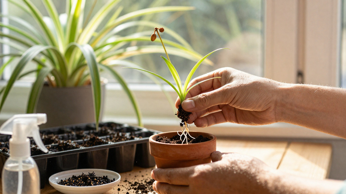 Pessoa transplantando muda de planta para vaso de barro em ambiente iluminado próximo à janela.