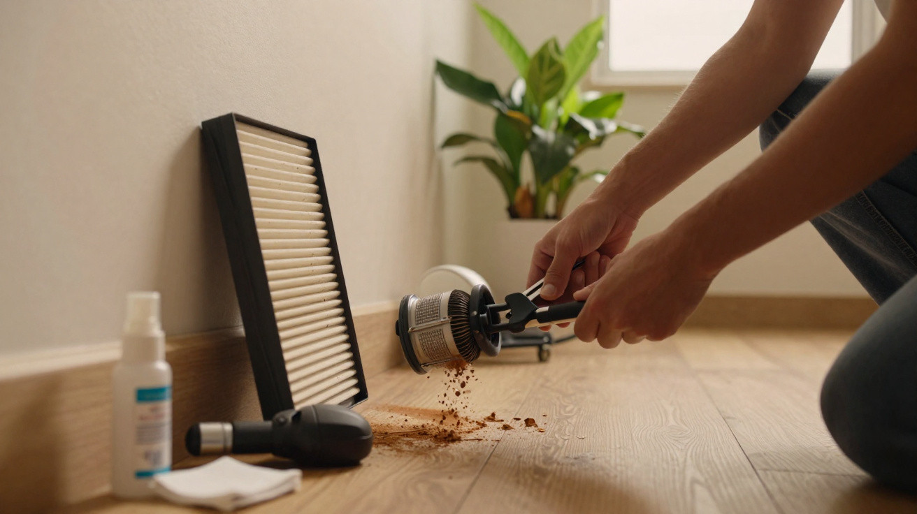 Pessoa limpando filtro de aspirador de pó em chão de madeira, com filtro e produtos ao lado.