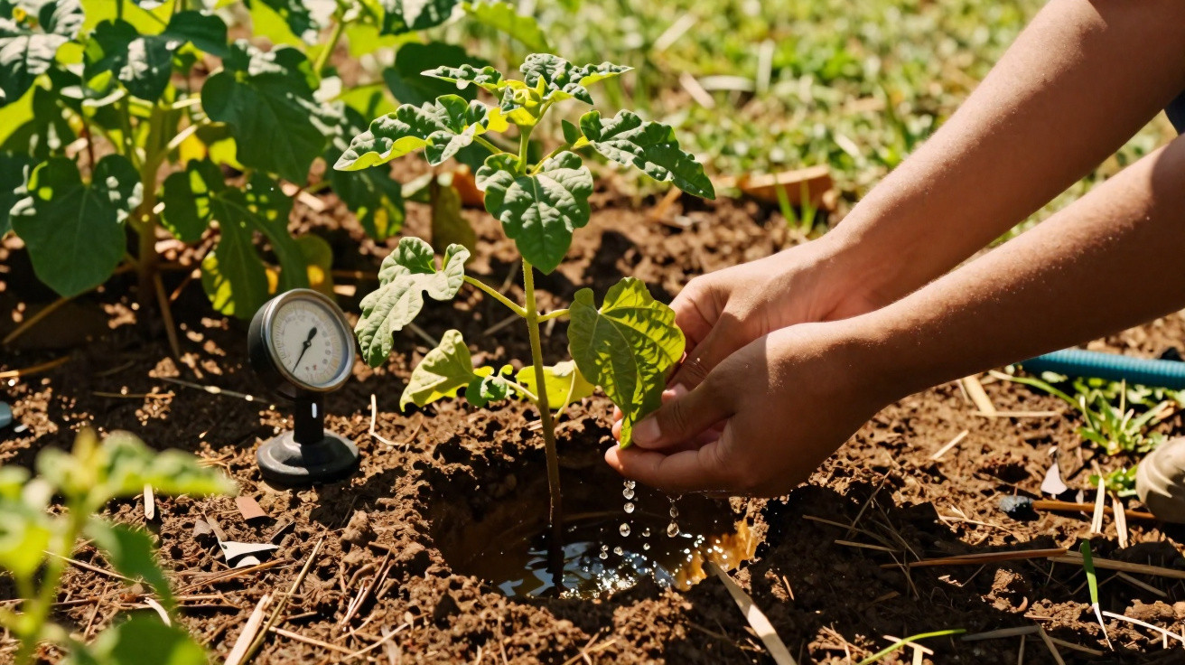 Mãos removendo folhas de planta jovem em solo úmido com medidor de umidade ao lado.