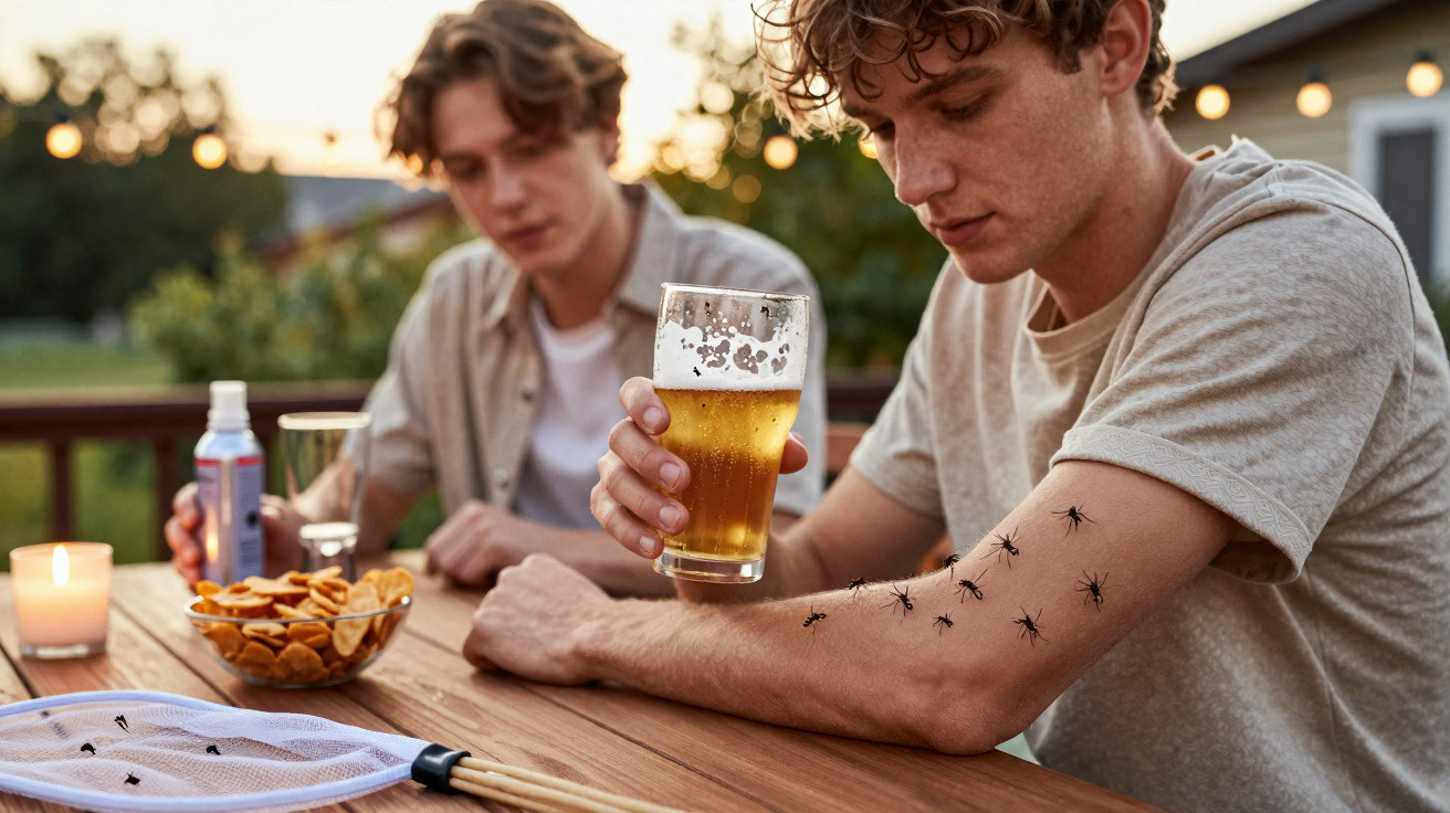 Homem segurando copo de cerveja, com várias formigas no braço, sentado à mesa ao ar livre ao entardecer.