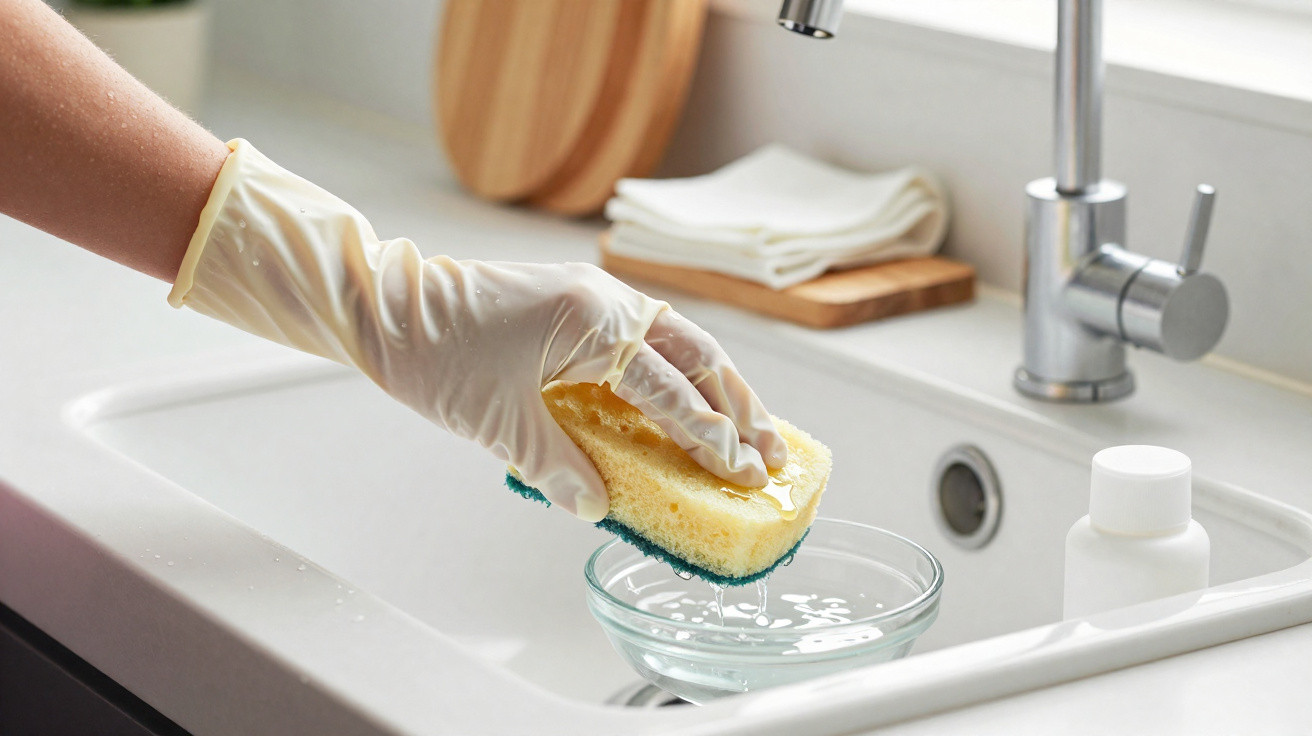 Mão com luva segurando esponja molhada sobre pia branca com vidro d'água e produto de limpeza.