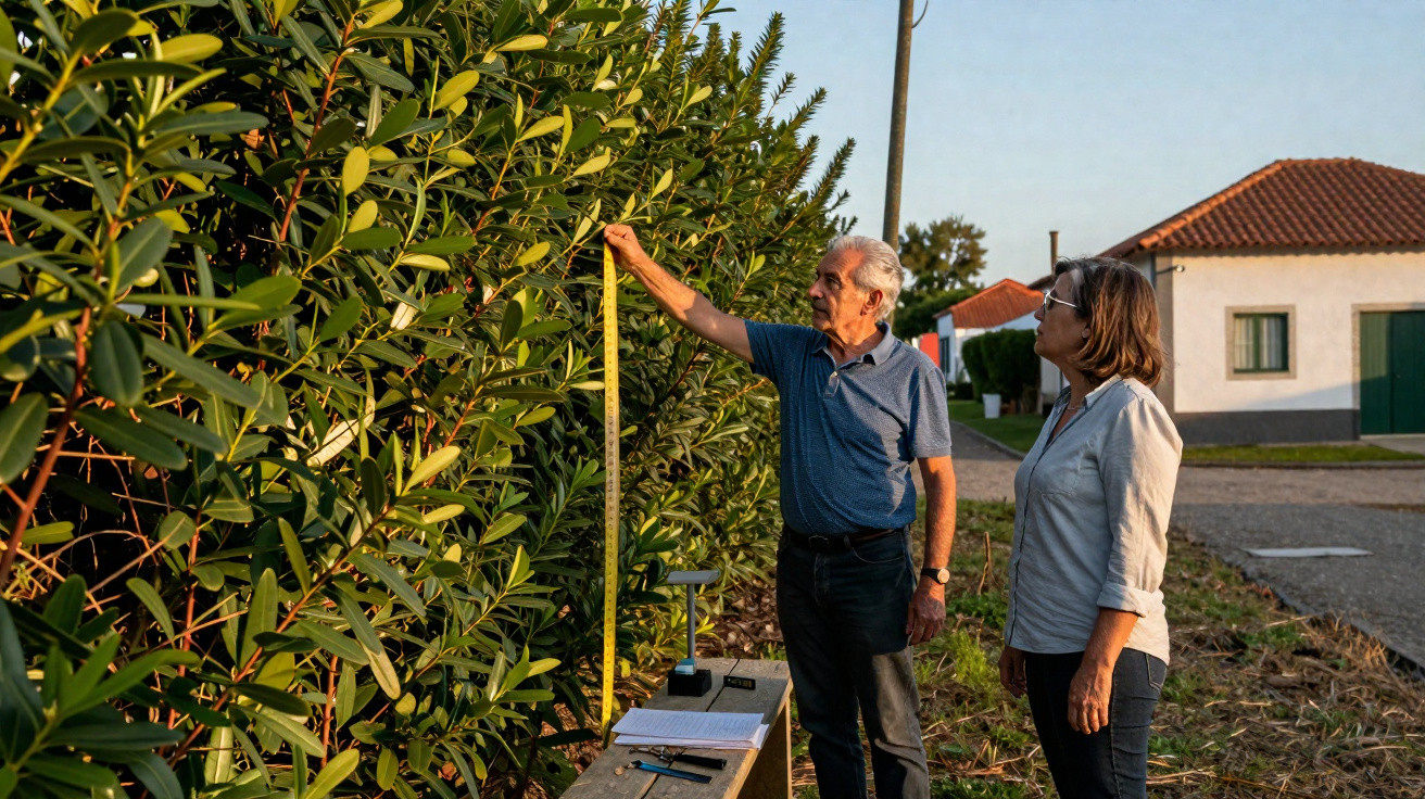 Homem mede altura de planta enquanto mulher observa em ambiente rural ao entardecer.