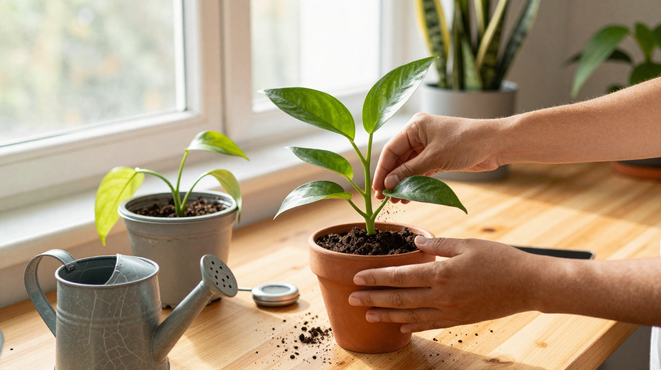 Mãos cuidando de planta em vaso, com regador e outras plantas ao fundo sobre superfície de madeira perto da janela.