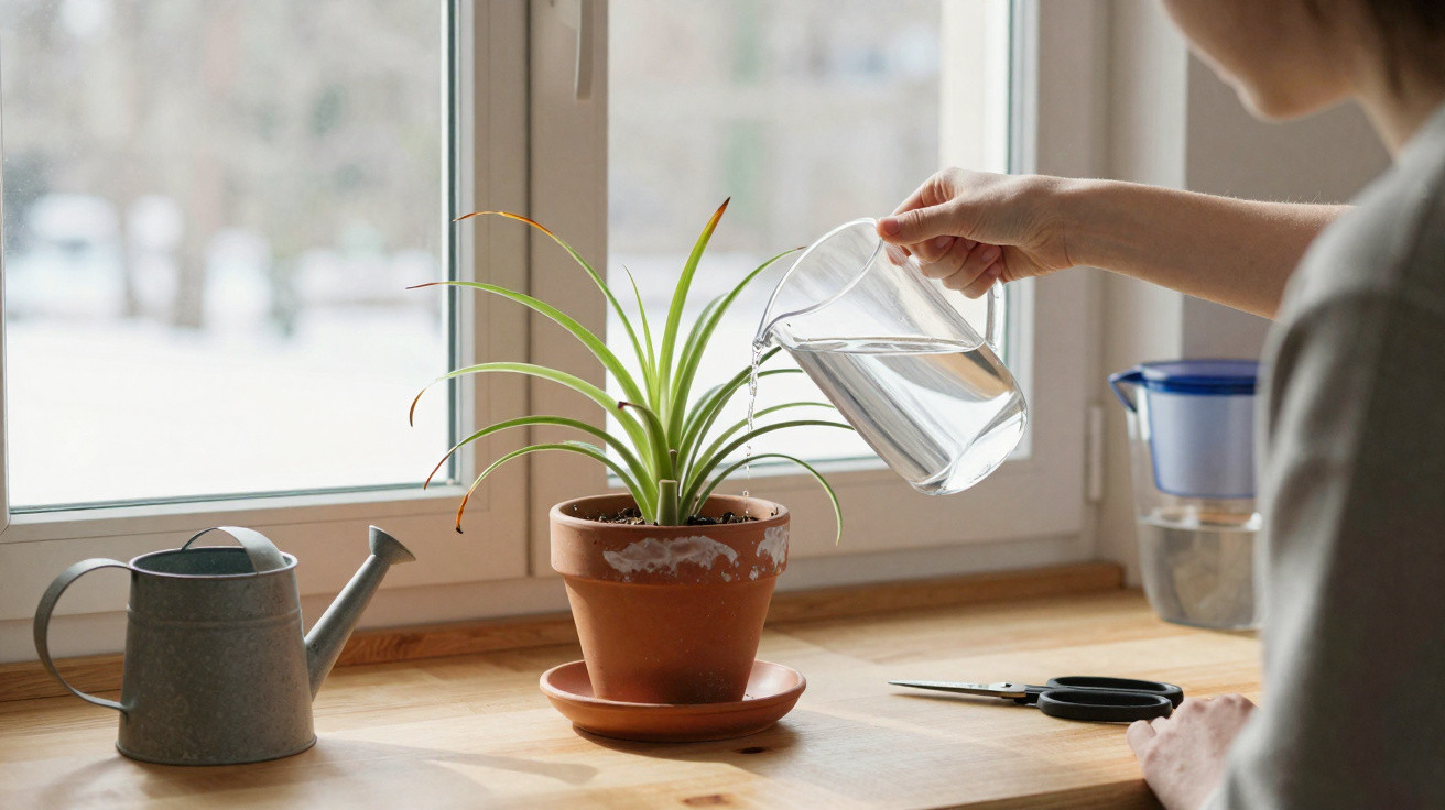 Pessoa regando planta pequena em vaso de barro sobre mesa perto de janela com regador e tesoura.