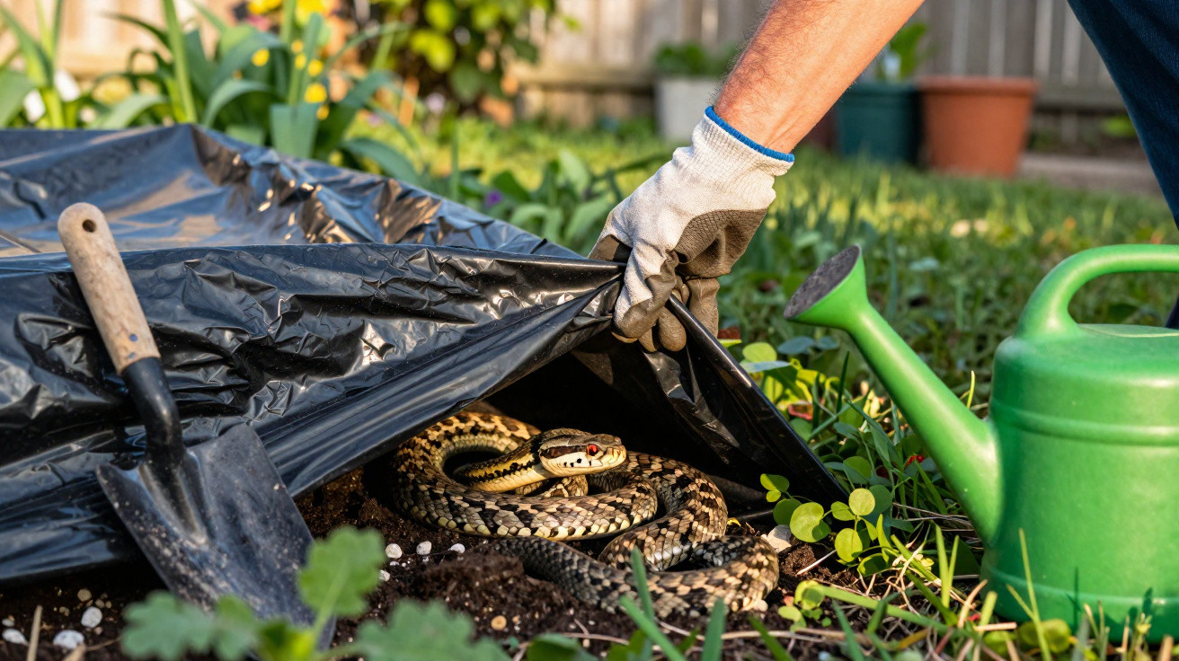 Pessoa levantando plástico preto no jardim e revelando cobra enrolada no solo com regador e pá ao redor.