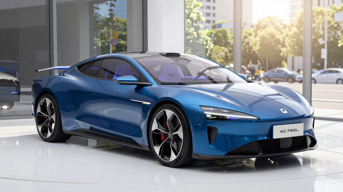 Carro esportivo azul AC Feel estacionado em ambiente interno com vidros grandes e luz natural.