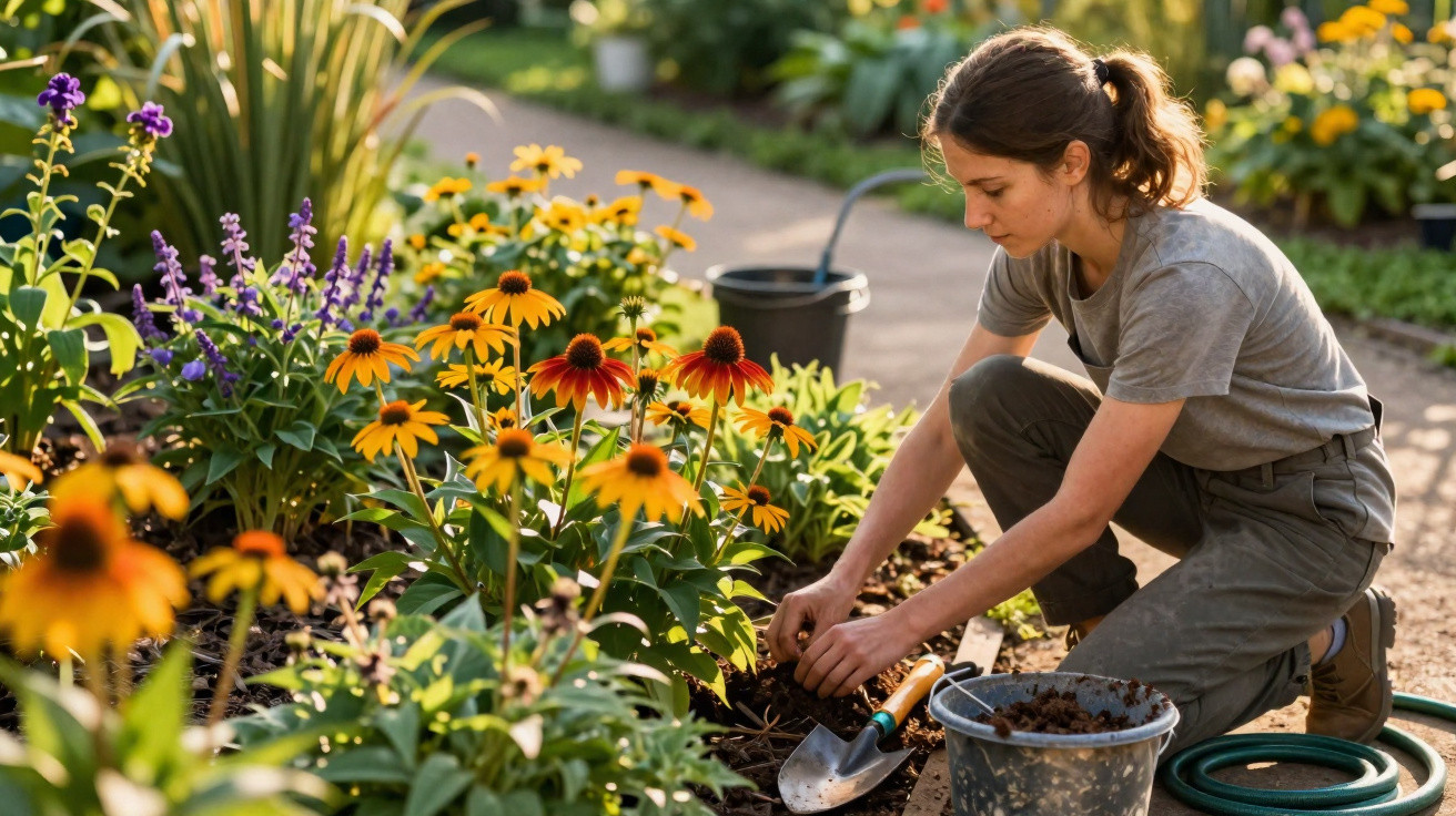 Mulher agachada cuidando de plantas floridas em jardim ensolarado com ferramentas de jardinagem ao redor.