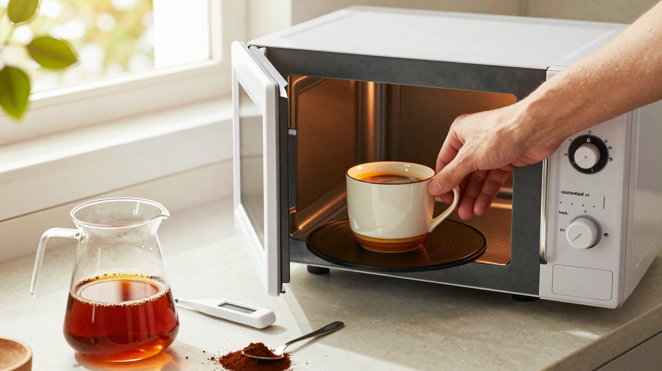 Pessoa colocando xícara com café em prato dentro de micro-ondas em bancada iluminada.