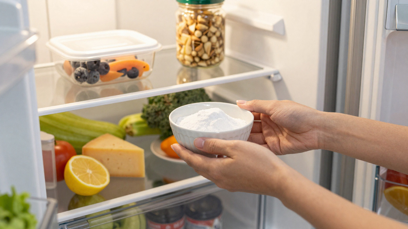 Mãos segurando tigela com pó branco diante de geladeira aberta com alimentos variados dentro.
